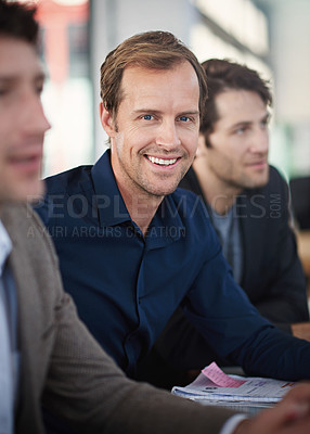 Buy stock photo Man, portrait and business meeting for plan in boardroom, positive and proud of company mission. Male person, happy and confidence in teamwork for collaboration, finance firm and unity in office