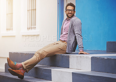 Buy stock photo Man, fashion and happiness in city with glasses, relax with black frame for style and chic outfit. Urban, unique and trendy designer clothes, spectacles for accessory and apparel with model outdoor