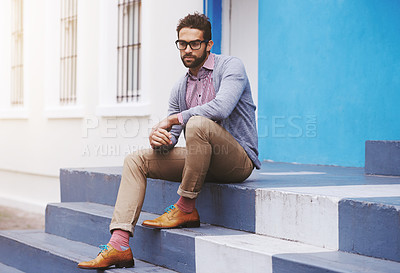 Buy stock photo Man, fashion and relax in city with glasses, frame for style and confident in chic outfit. Urban, unique and trendy designer clothes, spectacles for accessory and apparel with model thinking outdoor