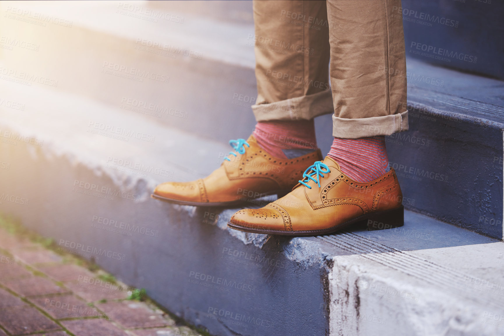 Buy stock photo Stairs, legs and feet of man with shoes for travel, journey or trip to fashion designer job. Male person, employee and staircase outdoors with morning commute for work, career or creative startup