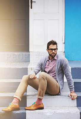 Buy stock photo Man, building and serious on stairs for fashion, clothes and trendy with glasses outdoor in Cape Town, South Africa. Male person, gen z guy and vision for unique outfit, garment and urban style 