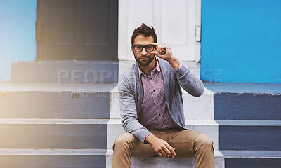 Buy stock photo Man, glasses and portrait on stairs for fashion, clothes and trendy with eyewear outdoor in Cape Town, South Africa. Male person, gen z guy and lens flare for unique outfit, garment and urban style 