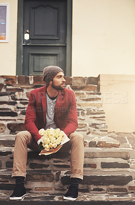 Buy stock photo Stairs, waiting and man with bouquet for anniversary, valentines day or first date in outdoor city. Roses, flowers and male person on steps for romantic gift, celebration or love in urban town