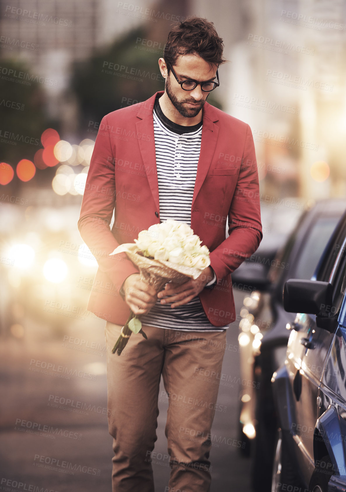 Buy stock photo City, man and bouquet of flowers with thinking for romantic gesture, love or gift in New York. Male person, downtown and bunch of roses with idea for kindness, planning or present on valentines day