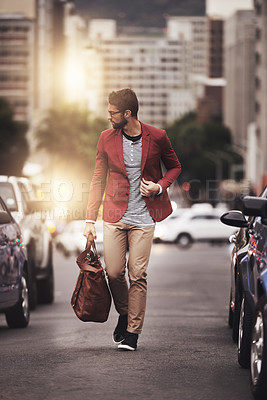 Buy stock photo City, travel and man with bag downtown for weekend trip, journey or holiday getaway in Los Angeles. Cars, buildings and male person with thinking for vacation, commute and tourism with luggage
