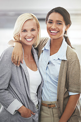 Buy stock photo Portrait, woman and coworker with work in hug, happiness, and collaboration for friendly and positive teamwork. Office, employee and smile with joy for  professional, support and care together.