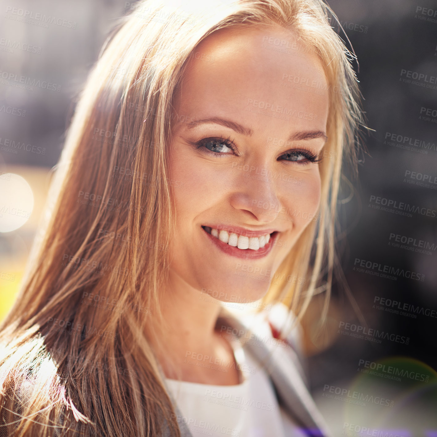 Buy stock photo Woman, portrait and smile with closeup, bokeh and commute for work or career. Designer, job and new york street with urban, summer and happiness with confident or creative business travel in downtown