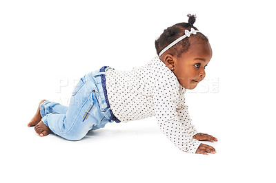 Buy stock photo Baby, girl or crawl to play, thinking or explore to learn, balance or motor skill on studio mock up. Black toddler, crawling or curious of child development on mobility milestone on white background