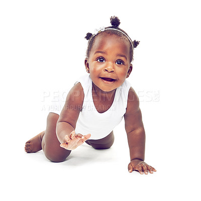 Buy stock photo Studio shot of a baby girl crawling against a white background