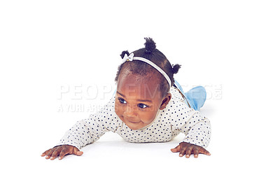 Buy stock photo Baby, girl or crawling on tummy, development or progress of motor skill or balance on studio mockup. Black child, crawl or explore on stomach to learn, steps or mobility milestone on white background