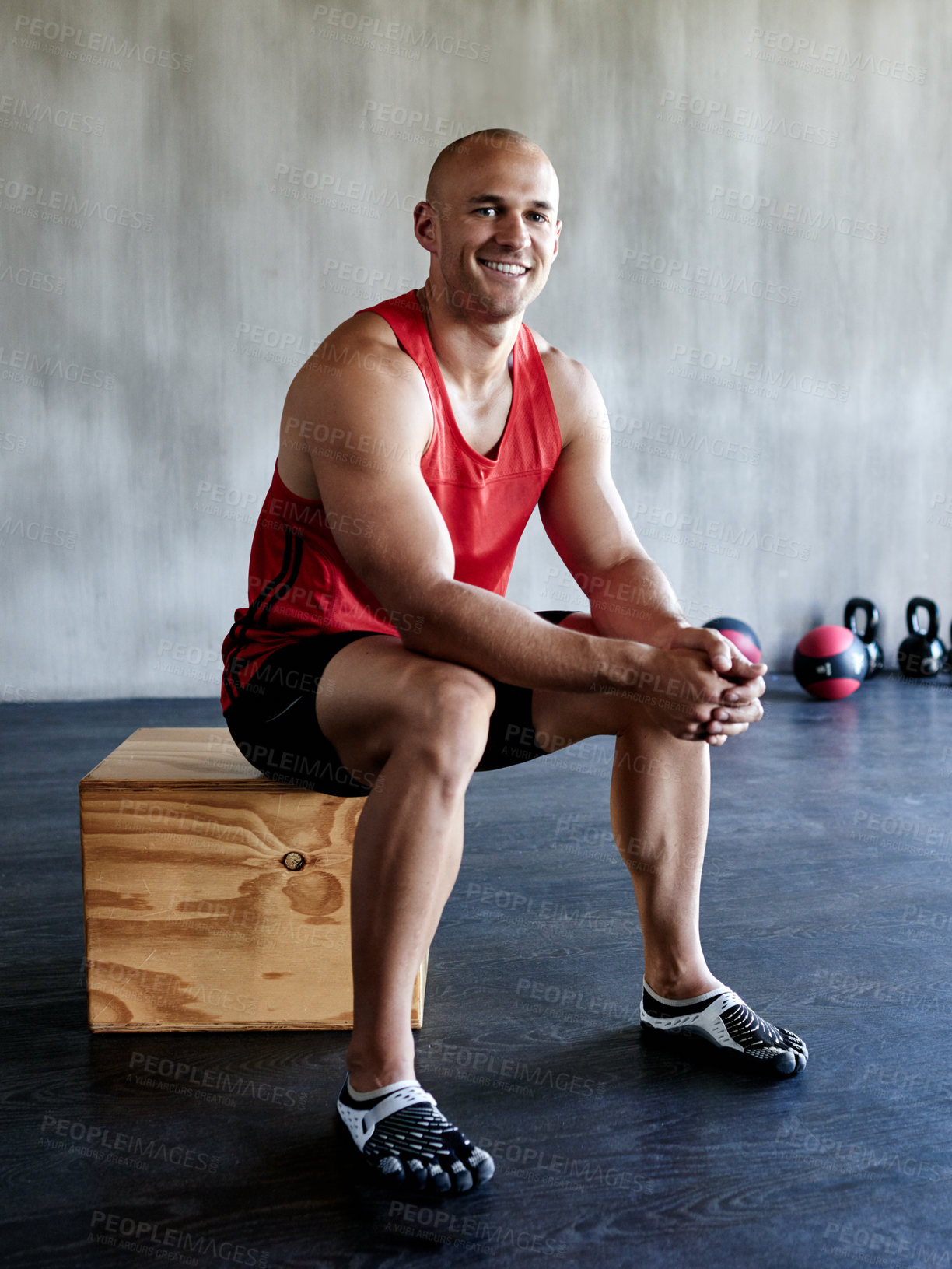 Buy stock photo Portrait of a fit young man at the gym