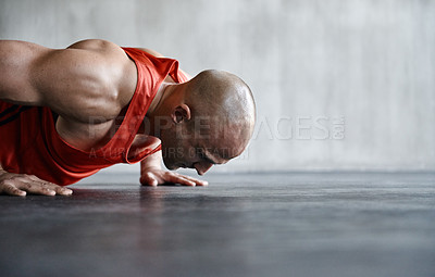 Buy stock photo Fitness, muscle strength and man doing push up for fitness studio exercise, gym commitment or endurance. Health club mockup, bodybuilder goals and male body builder training, exercising or practice