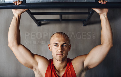 Buy stock photo Thinking, pull up or man focus on fitness power performance, arm strength growth or muscle building development. Idea, mindset and strong male athlete contemplating sports workout, cardio or training