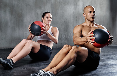 Buy stock photo Medicine ball, health and fitness people doing bodybuilding workout, core muscle strength and gym performance. Exercise commitment, athlete teamwork and strong team  exercising for active lifestyle