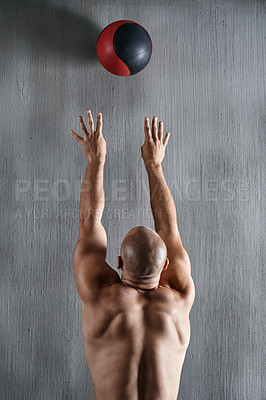 Buy stock photo Fitness, wall and man throw medicine ball strength workout, bodybuilding development or gym exercise challenge. Muscle, strong and back of male sports athlete doing bodybuilder training for power 