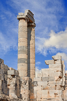 Buy stock photo Architecture, temple and building in city of Turkey for tourism, traditional infrastructure and culture in town. Background, ancient and stone walls, structure design and ruin for travel destination