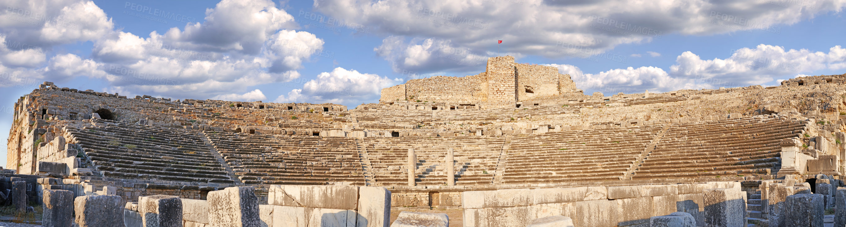 Buy stock photo Architecture, stadium and building in city of Turkey for tourism, traditional infrastructure and culture in town. Background, ancient and ruin, structure design and stone wall for travel destination