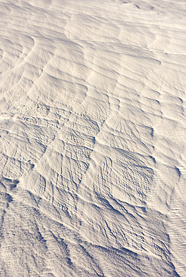 Buy stock photo Closeup overhead of the snowy ground filled with line patterns in travertine terraces in Pamukkale, Turkey. Snow covered grounds with rippled pattern texture. Above zoom view white iced ground