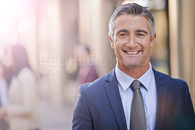 Buy stock photo Cropped portrait of a mature businessman in the city