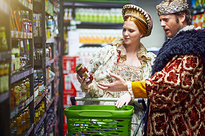 Buy stock photo Payment, surprise and king with queen, shopping and increase with groceries and inflation with economy. Shocked, royal couple and man with woman and reaction with decision or buying with expression