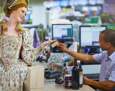 Buy stock photo Supermarket, credit card and royal woman with costume for  grocery shopping, buying or product. Convenience store, cashier and queen in victorian outfit for purchase, sale or payment from customer