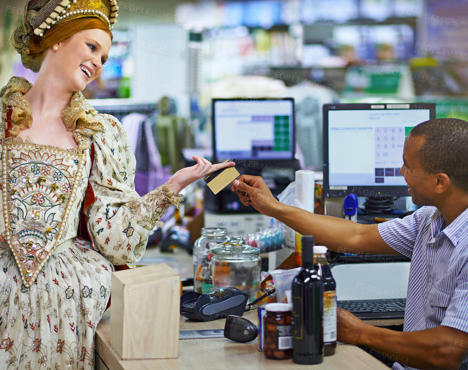 Buy stock photo Supermarket, credit card and royal woman with costume for  grocery shopping, buying or product. Convenience store, cashier and queen in victorian outfit for purchase, sale or payment from customer