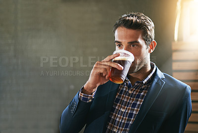 Buy stock photo Business man at pub, drinking beer and relax, social time or event with professional person at bistro. Hospitality industry, male customer at restaurant enjoying alcohol drink, thirsty with mockup