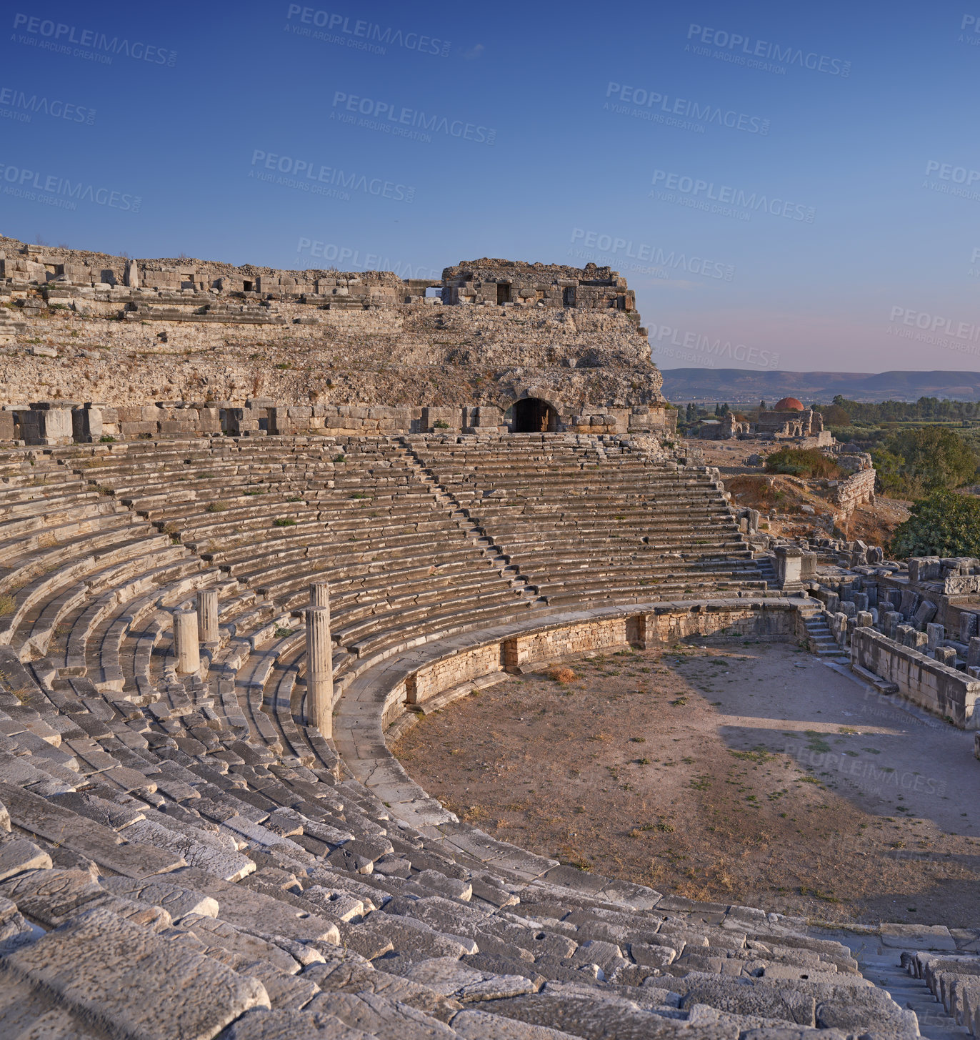 Buy stock photo Archeology, city and forum from building exterior ruins for travel destination, sightseeing and historical monument. Medieval, brick and colosseum architecture in Middle east for tourism and landmark