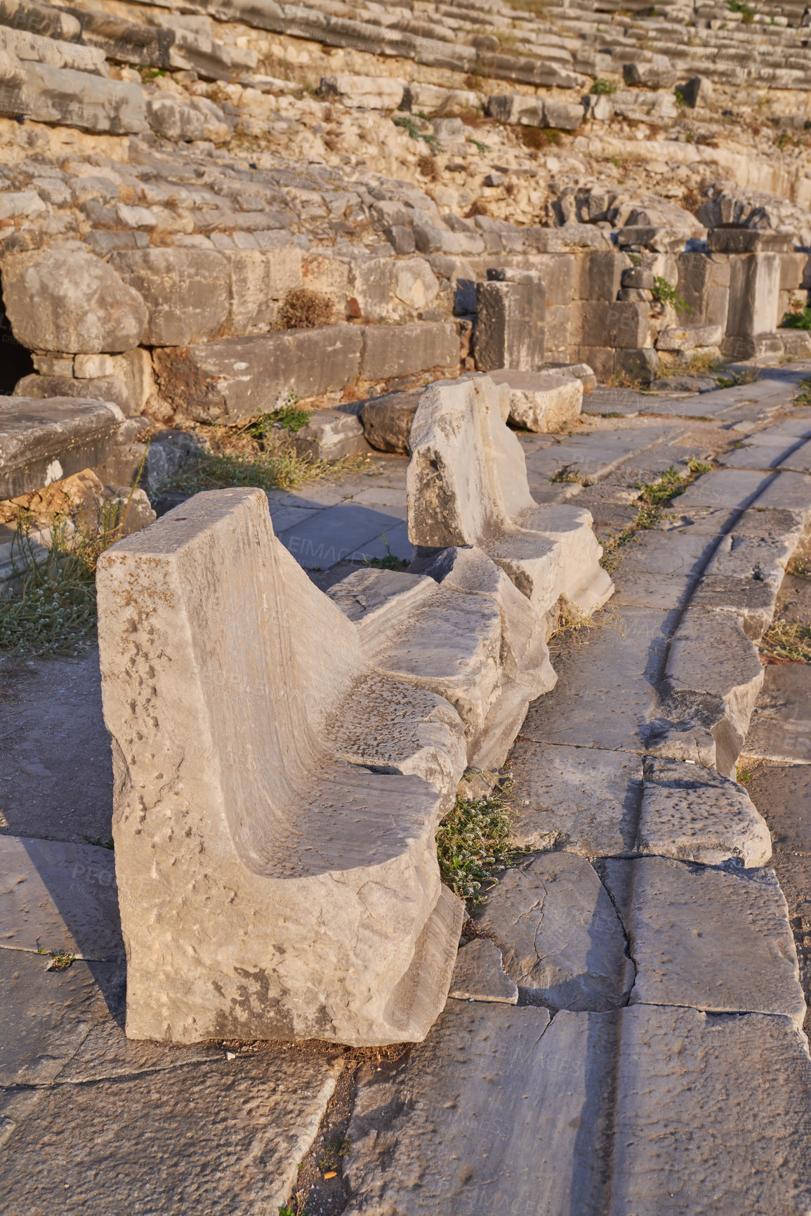 Buy stock photo Archeology, stone and brick from building exterior ruins for travel destination, sightseeing or historical monument. Medieval, outdoor or colosseum architecture in Middle east for tourism or landmark