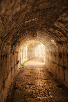 Buy stock photo Turkey, stone and tunnel in ruins for architecture, archeology and travel to ancient city. History, rock and path in abandoned Greek theater for exploration, culture and anthropology in Greece