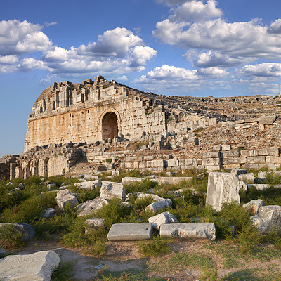 Buy stock photo Miletus, city and ruins for architecture, history and ancient archeology outdoor at Turkey theater. Tourism, stone building and travel with amphitheater for culture, holiday and world heritage site