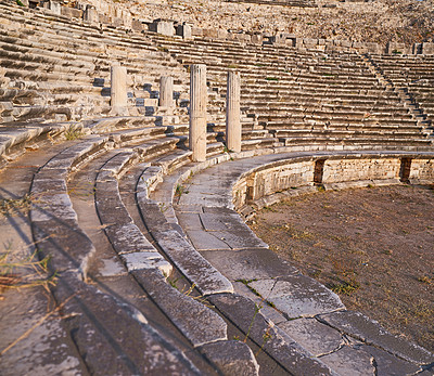 Buy stock photo Archeology, stage and forum from building exterior ruins for travel destination, sightseeing and historical monument. Medieval, city and colosseum architecture in Middle east for tourism and landmark