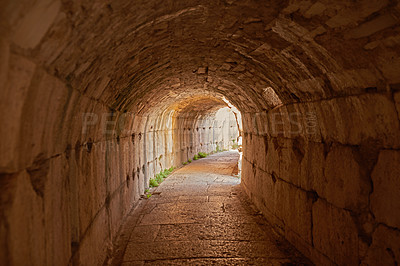 Buy stock photo Greece, site and tunnel in ruins for architecture, archeology and travel to ancient city. History, rock and path in abandoned Greek theater for exploration, culture and anthropology in Turkey