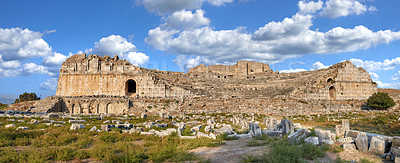 Buy stock photo Miletus, city and theater ruins for travel, history and ancient archeology outdoor in Turkey. Tourism, building and architecture with amphitheater for culture, holiday banner and world heritage site