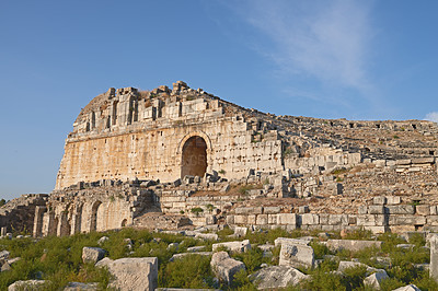 Buy stock photo Miletus, city and ruins for travel, history and ancient archeology outdoor at Turkey theater. Tourism, stone building and architecture with amphitheater for culture, holiday and world heritage site