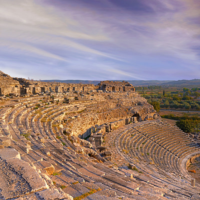 Buy stock photo Archeology, blue sky and forum from building exterior ruins for travel destination, sightseeing or historical monument. Medieval, city or colosseum architecture in Middle east for tourism or landmark