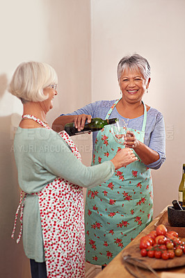 Buy stock photo Wine, food and senior women in home for toast to lunch, supper and dinner together with friends. Alcohol, cooking and people with drink, bottle and glass for celebration, party and festive event