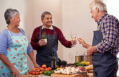Buy stock photo Wine, food and happy senior people in home for toast to lunch, supper and dinner together with friends. Alcohol, smile and men and women with drink, bottle and glass for celebration, party and event