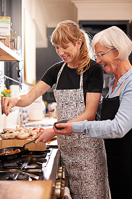 Buy stock photo Cooking, grandmother and woman together in kitchen or teach recipe, prepare dinner or lunch with family. Senior mother, girl and happy in apron or home, food and cook with healthy vegetables
