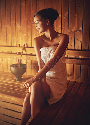 Buy stock photo Heat, spa and woman in sauna to relax for wellness, luxury and skincare for beauty and health. Therapy, smile and female person in steam room for dermatology, body care and natural detox at club