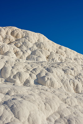 Buy stock photo Closeup of travertine pools and terrace in Pamukkale, Turkey in a famous tourism holiday or vacation destination. Cotton castle area with carbonate mineral after flowing thermal spring water