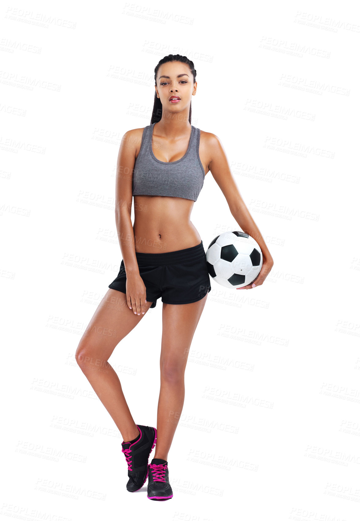 Buy stock photo Soccer, portrait and woman with ball in studio for match, game or kick off on white background. Sports, football player and confident female person for training, workout or fitness on mockup space