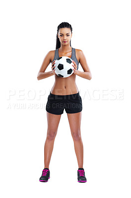 Buy stock photo Soccer, portrait and woman ready with ball in studio for match, game or kick off on white background. Sports, football and confident female person for training, workout or fitness on mockup space