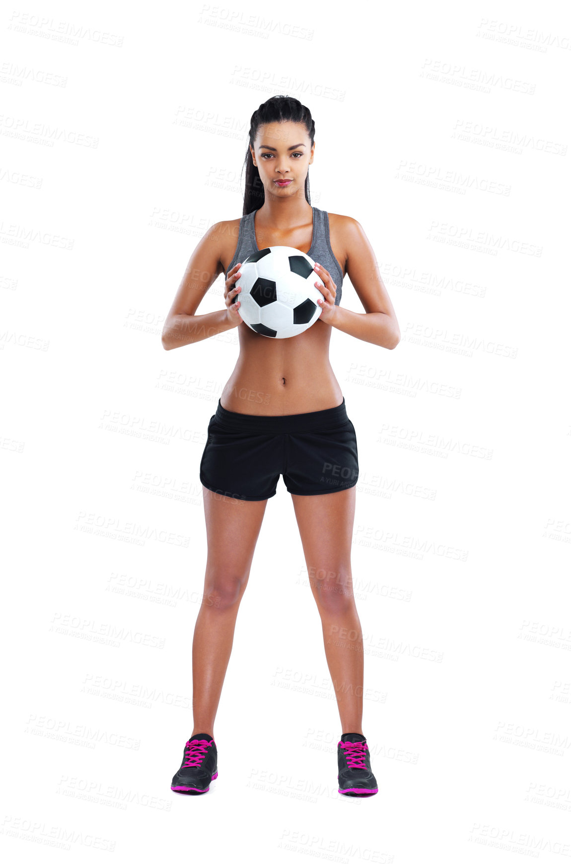 Buy stock photo Soccer, portrait and woman ready with ball in studio for match, game or kick off on white background. Sports, football and confident female person for training, workout or fitness on mockup space