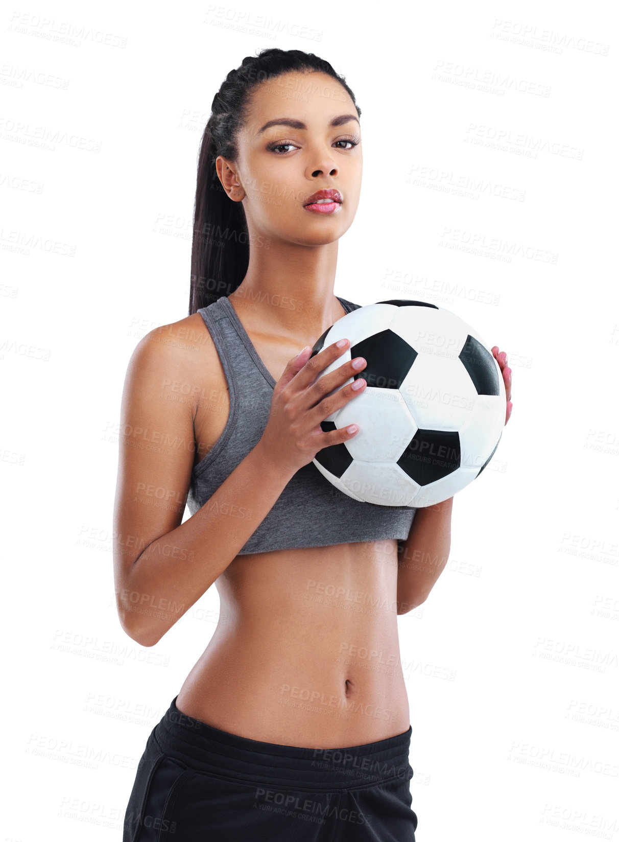 Buy stock photo Woman, portrait and soccer ball with player in studio for match, game or kick off on white background. Sports, football and confident female person for training, workout or fitness on mockup space