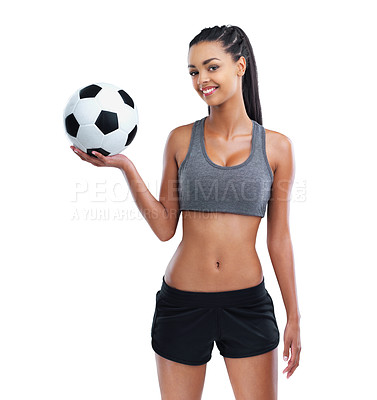 Buy stock photo Cropped portrait of a female soccer player isolated on white