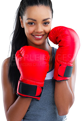 Buy stock photo Portrait, boxing gloves and woman in studio for sports, combat and white background. Self defense, boxer or mma fighter for performance, workout and muay thai and cardio fitness or impact exercise