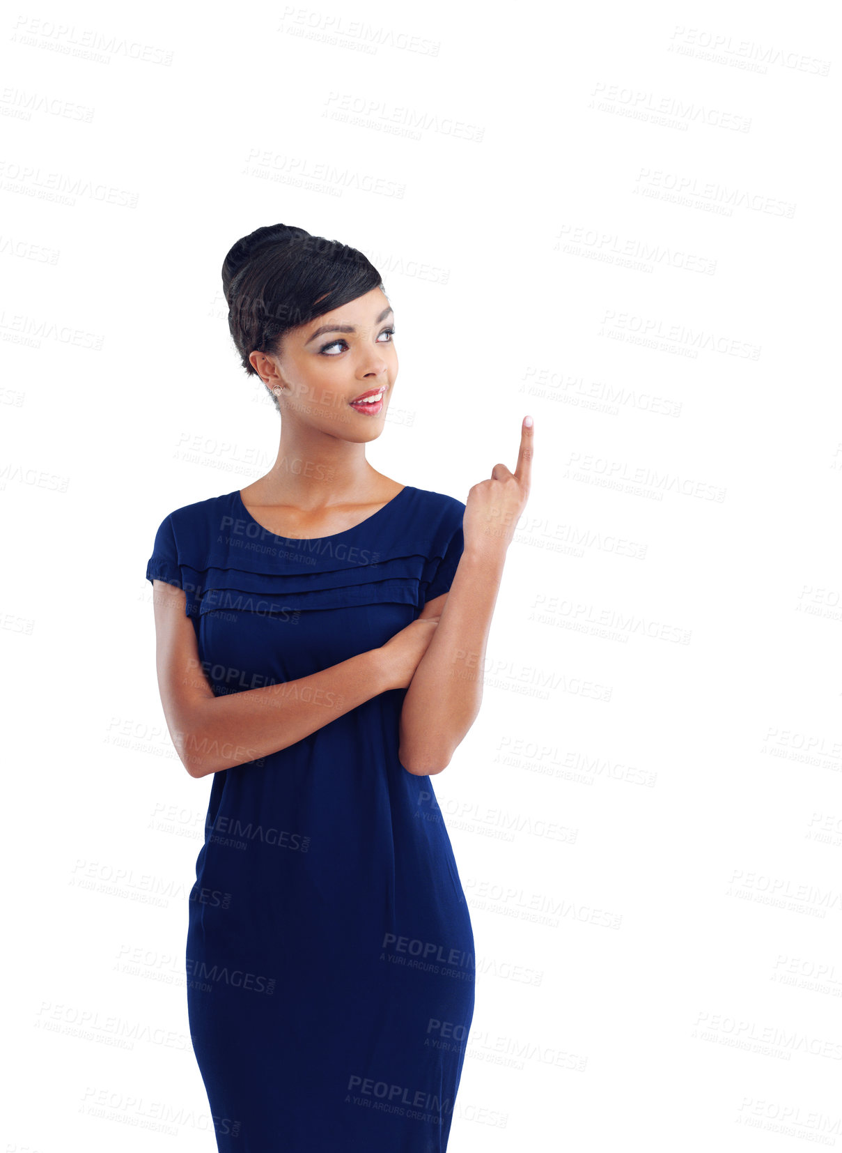Buy stock photo Thinking, woman and pointing in studio to business choice or decision in white background or mockup space. Professional, planning and worker with solution in promotion with information or opinion
