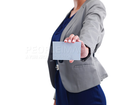 Buy stock photo Card, hand and marketing with business person in studio isolated on white background for contact closeup. Advertising, paper and space with professional employee showing corporate info on mockup