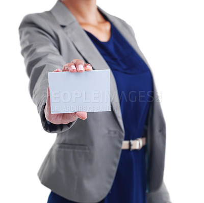 Buy stock photo Mockup, business card and woman with hand in studio for advertising, logo or info. Promotion, contact us and announcement with closeup, female person and paper by white background for show and sign
